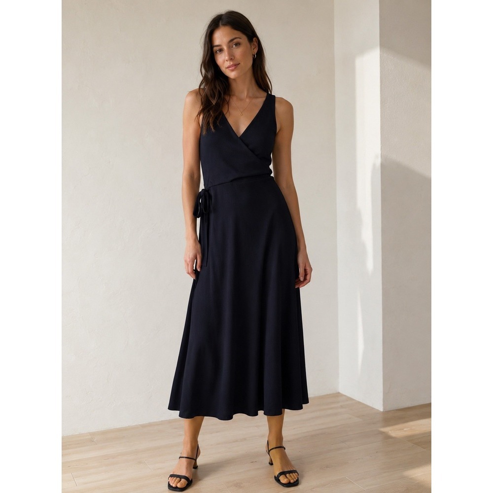 Club Monaco Navy Blue Ribbed Knit Sleeveless Wrap Midi Dress XS TP